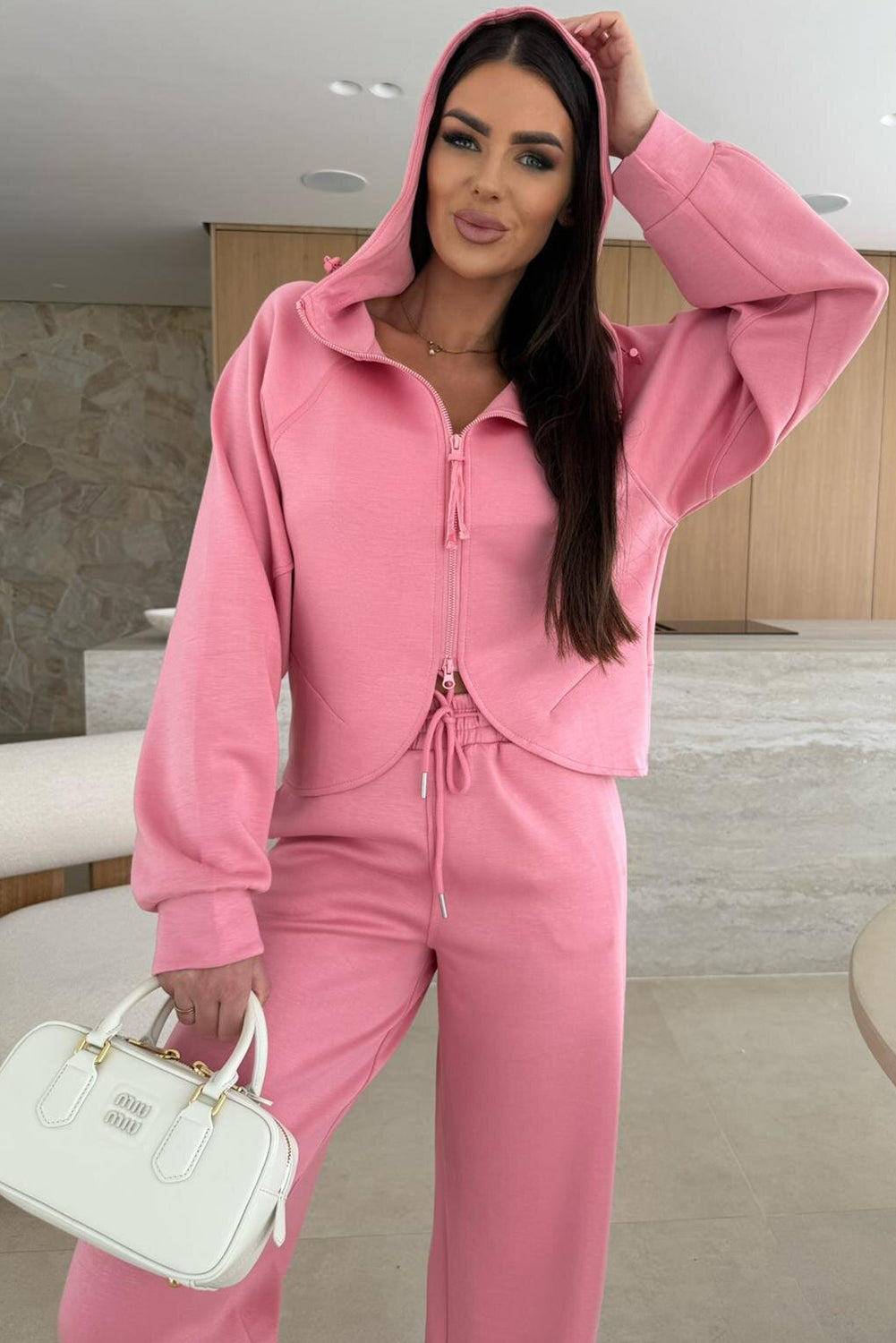 Pink Solid Color Zip Up Hoodie Drawstring Loose Pants Set