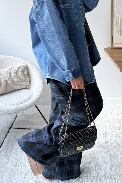 Navy Blue Plaid Print Pleated Wide Leg Drawstring Pants