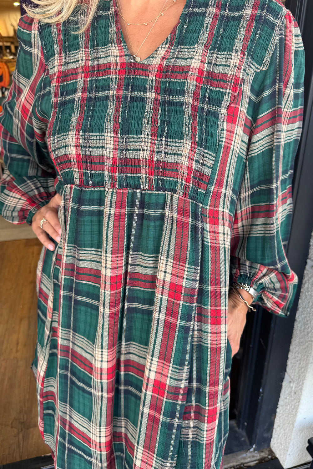 Green Retro Plaid Shirt Collar Notched Neck Long Sleeve Mini Dress