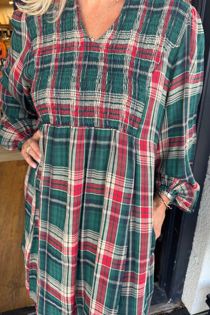 Green Retro Plaid Shirt Collar Notched Neck Long Sleeve Mini Dress