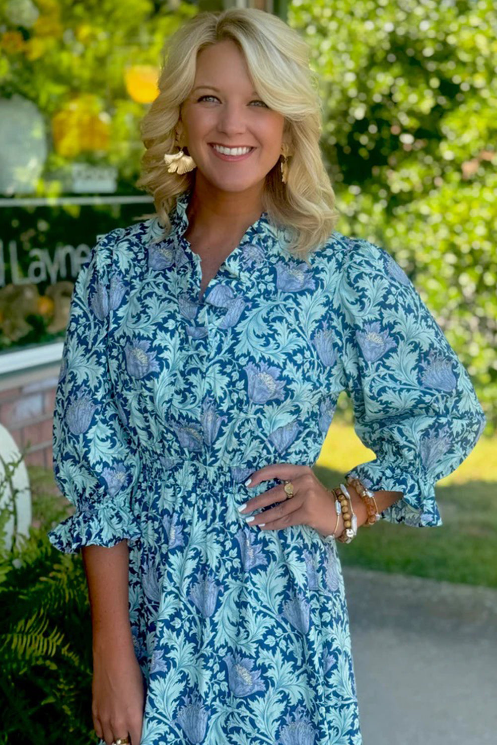 Sky Blue Floral Printed Frilled V Neck Bracelet Sleeve Midi Dress