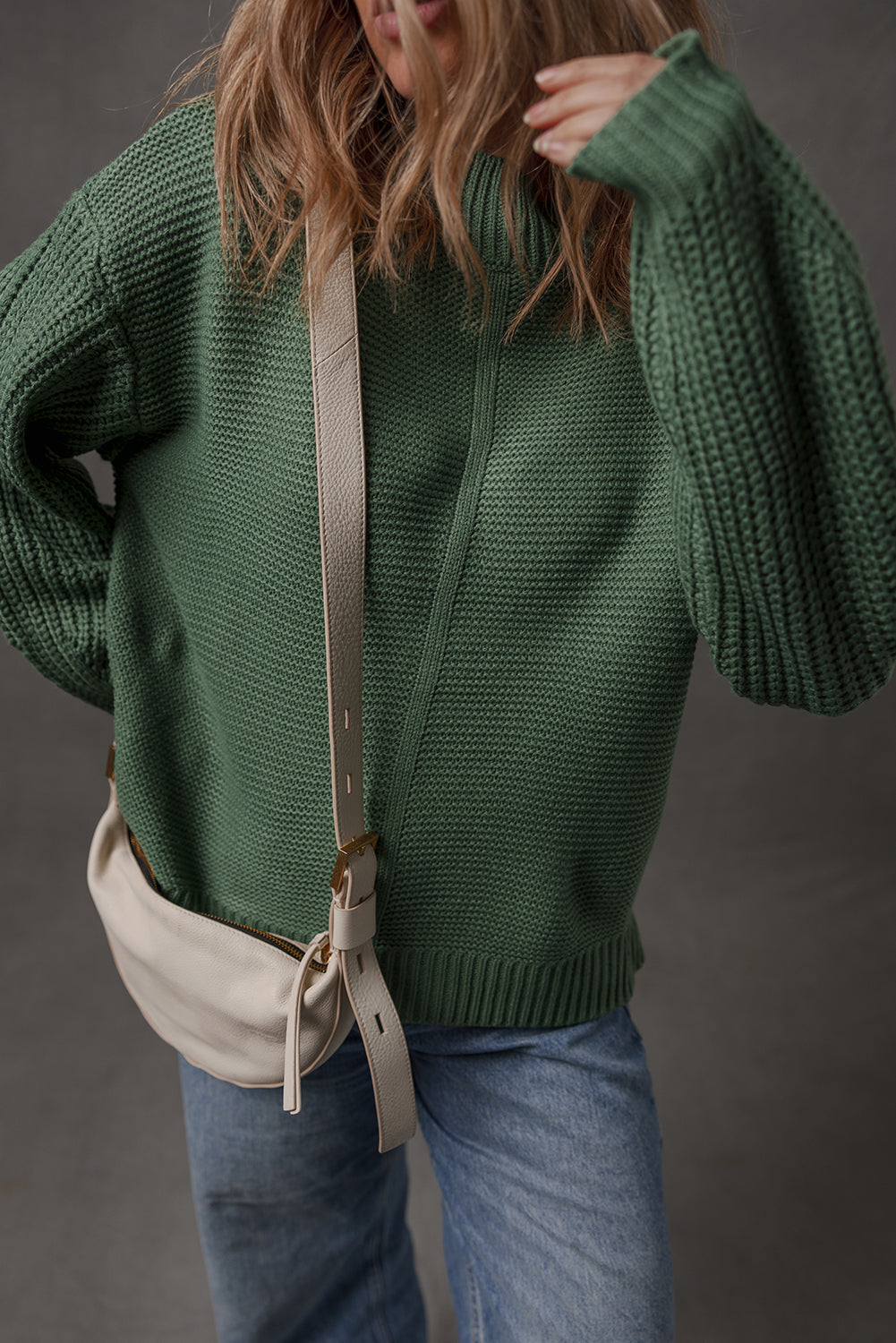 Mist Green Solid Color Front Seam Drop Shoulder Loose Sweater