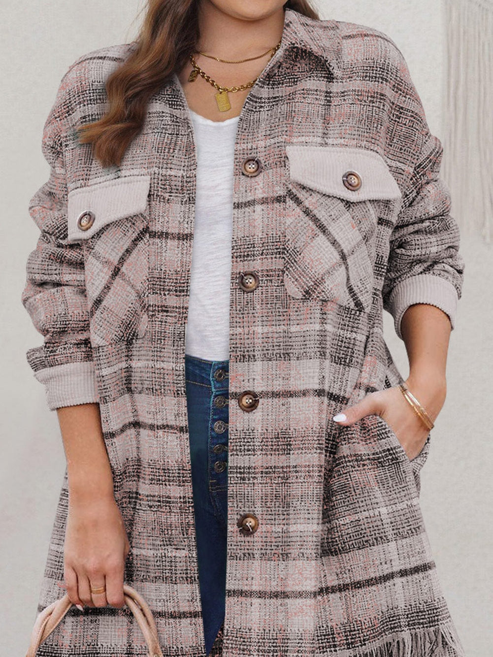 Pink Plus Size Macrame Plaid Coat