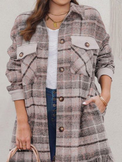 Pink Plus Size Macrame Plaid Coat