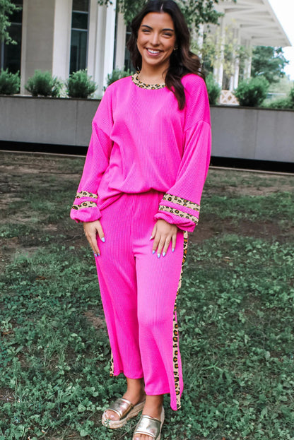 Bright Pink 3D Ribbed Contrast Leopard Trim Loose Pullover Casual Pant Set