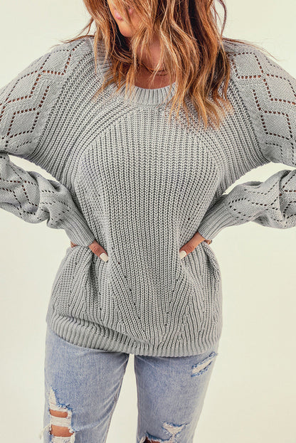 Elegant Gray Hollow Knit Pullover Sweater with Puffy Sleeves