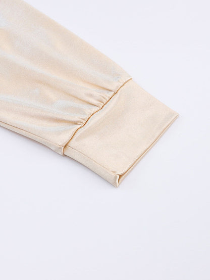 Glittery Apricot Satin Long Sleeve Top with Chest Pocket