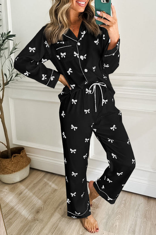 Black Bows Print Two Piece Sleepwear