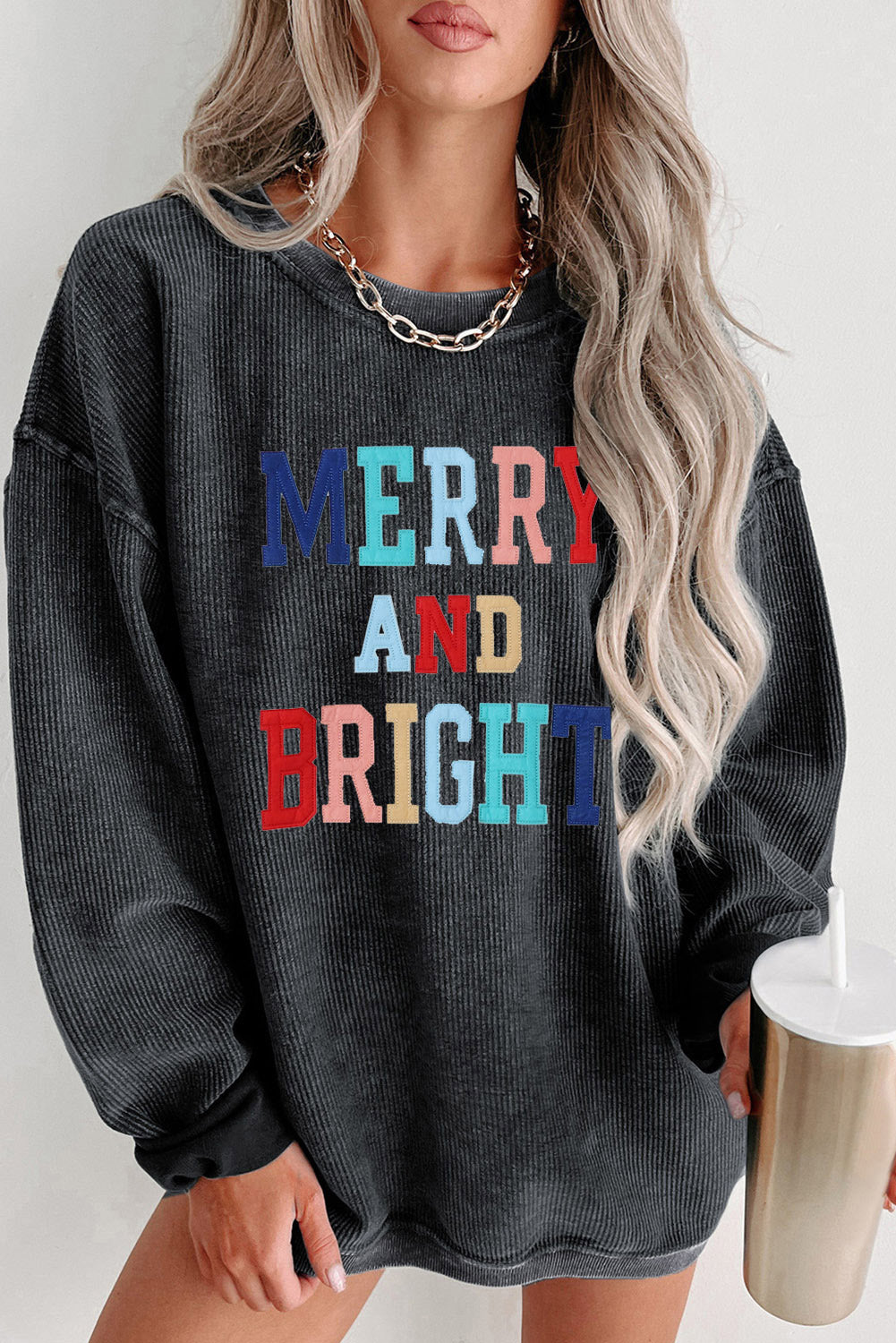 Festive Black Embroidered Corduroy Sweatshirt