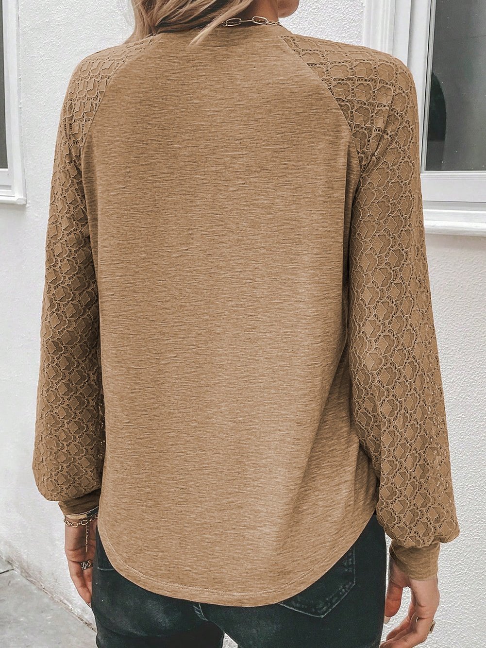 Elegant Light Beige Lace Detail Round Neck Top with Plicate Sleeves