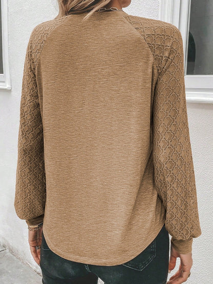 Elegant Light Beige Lace Detail Round Neck Top with Plicate Sleeves