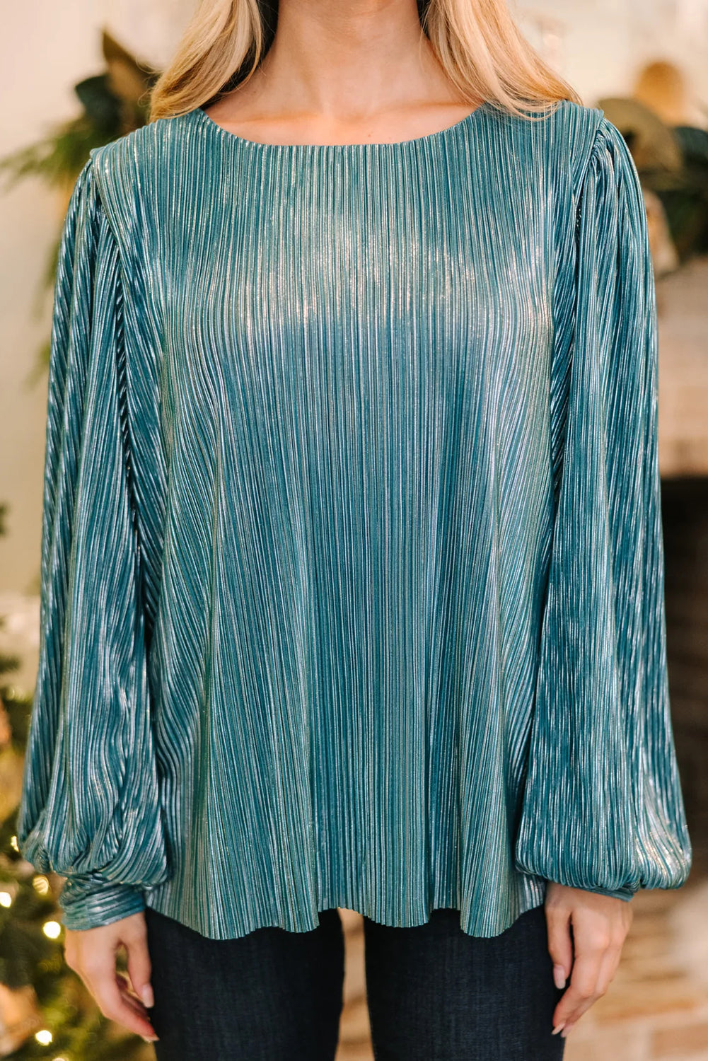 Lapis Metallic Pleated Button Keyhole Back Long Puff Sleeve Blouse