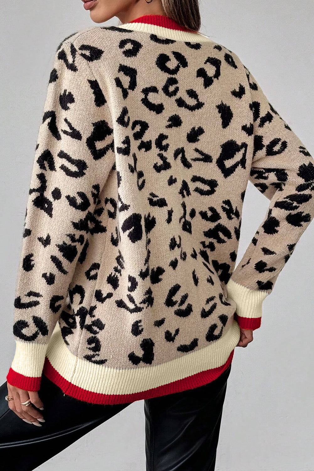 Khaki Leopard Pattern Knit Contrast Striped Trim V Neck Sweater
