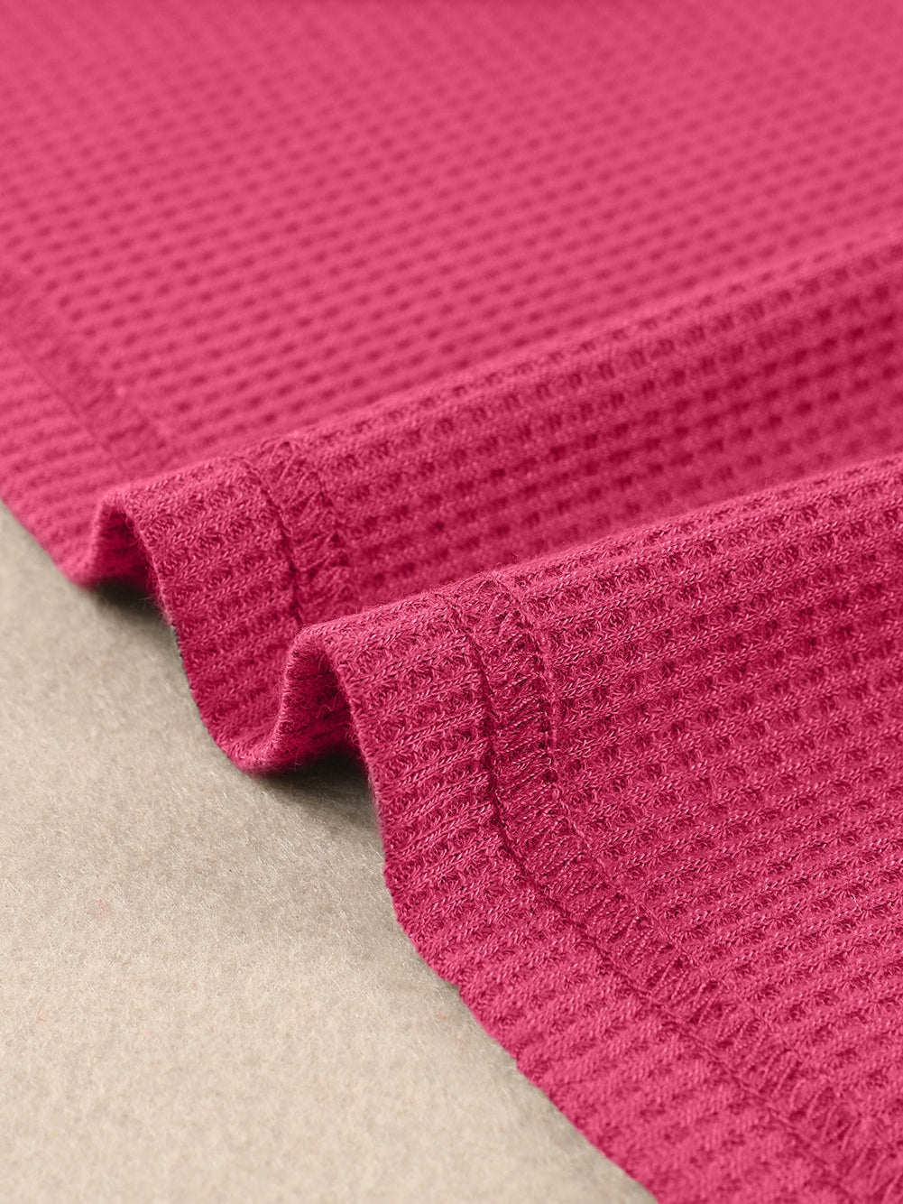 Strawberry Pink Plus Size Contrast Lace Sleeve Waffle Knit Top