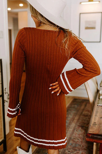 Gold Flame Wide Rib Knit Striped Detail V Neck Bell Sleeve Mini Dress