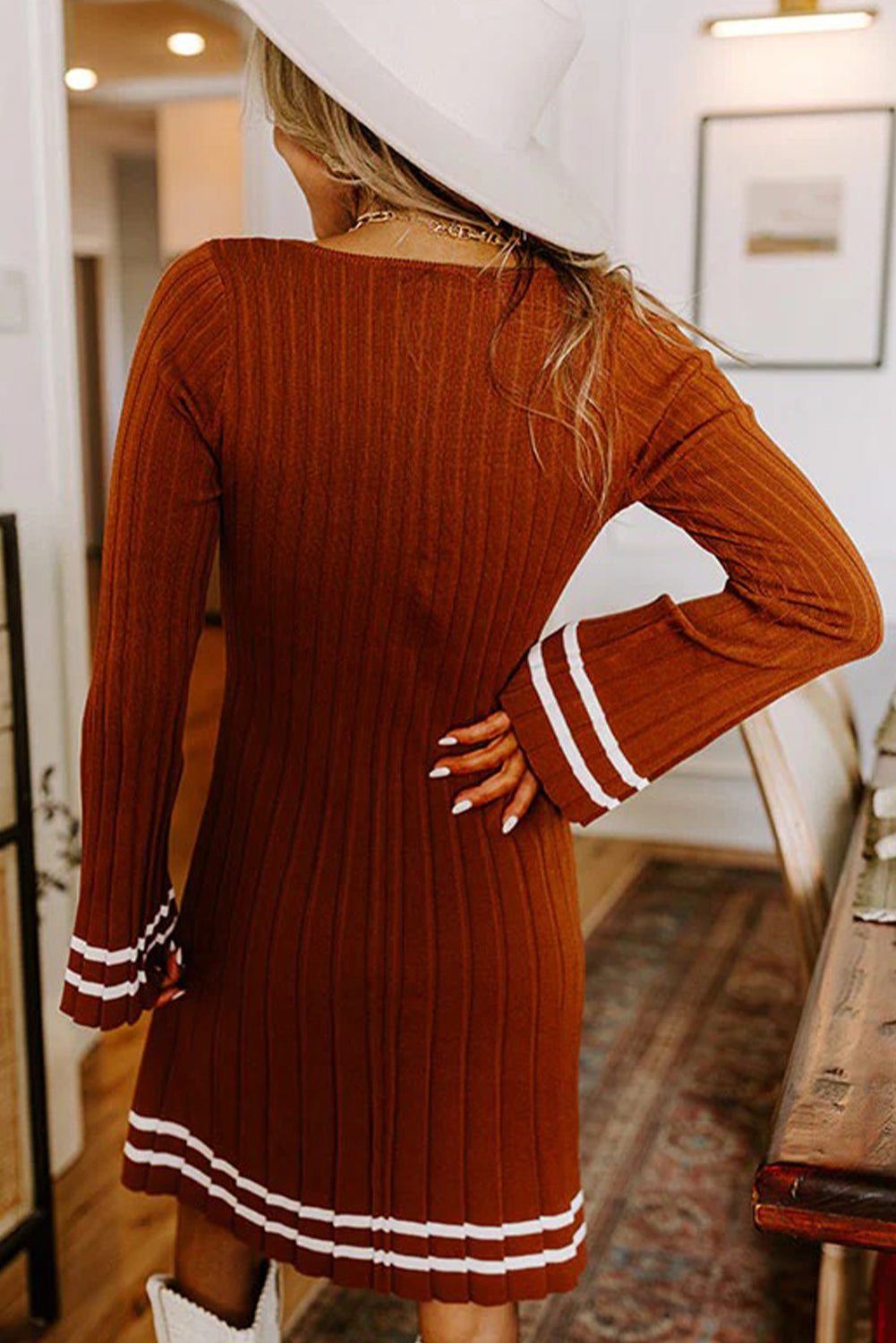 Gold Flame Wide Rib Knit Striped Detail V Neck Bell Sleeve Mini Dress