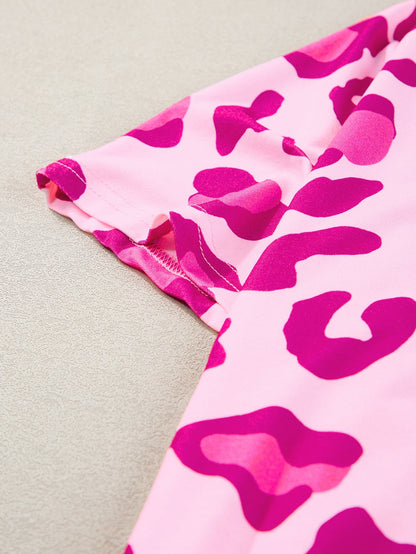 Floral Leopard Print Oversized V-Neck Plus Size T-Shirt