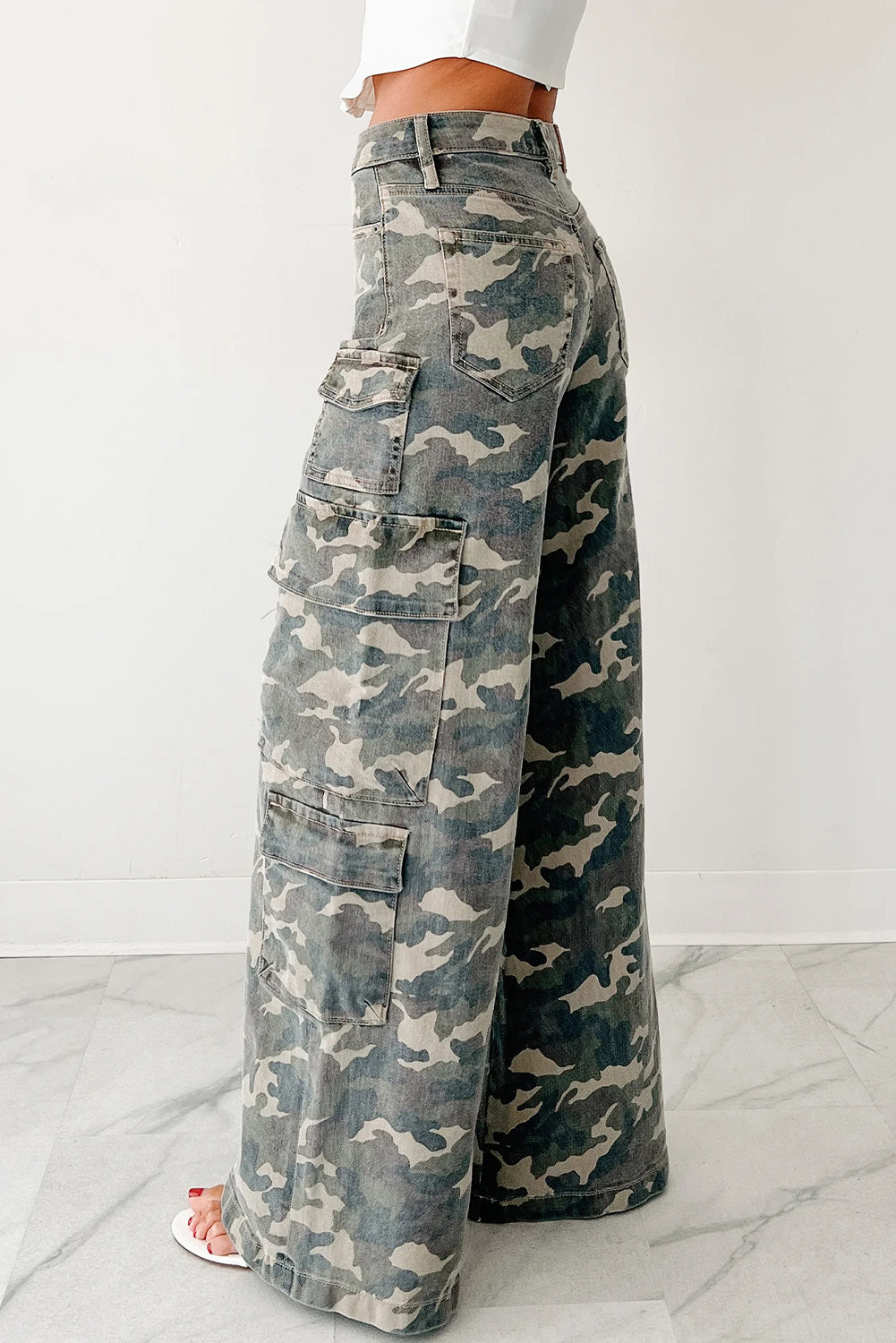 Green Camo Denim Cargo Wide Leg Pants