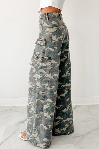 Green Camo Denim Cargo Wide Leg Pants