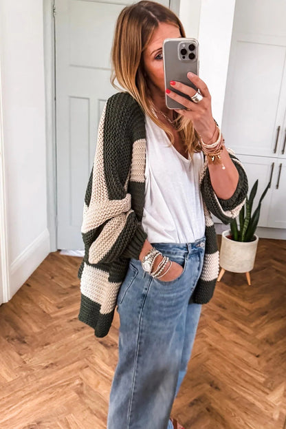 Green Stripe Drop Shoulder Open Slouchy Cardigan
