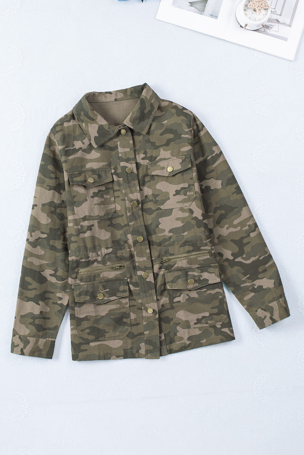 Green Camouflage Print Utility Jacket with Button Closure and Multiple Pockets