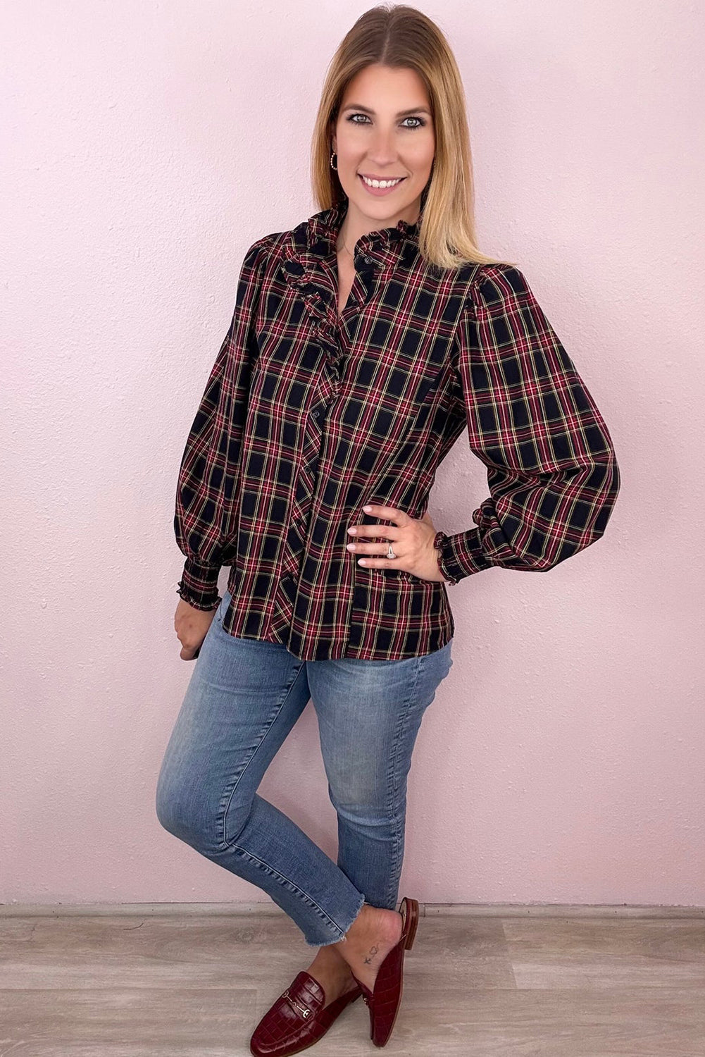 Multicolour Plaid Pattern Frilled Collared Puff Sleeve Shirt
