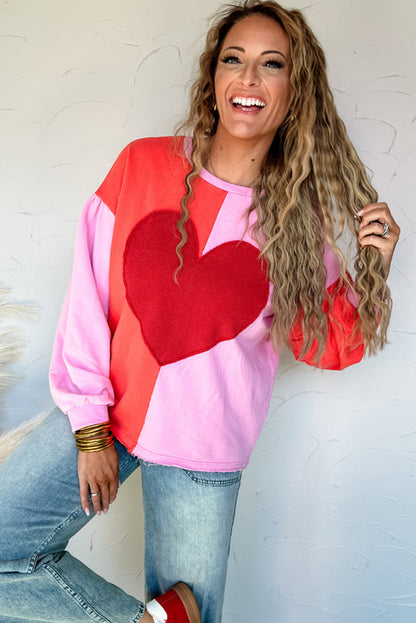 Fiery Red Big Heart Patched Color Block Patchwork Drop Shoulder Long Sleeve Top