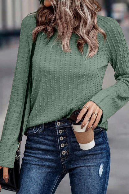 Elegant Green Ribbed Knit Top with Long Sleeves