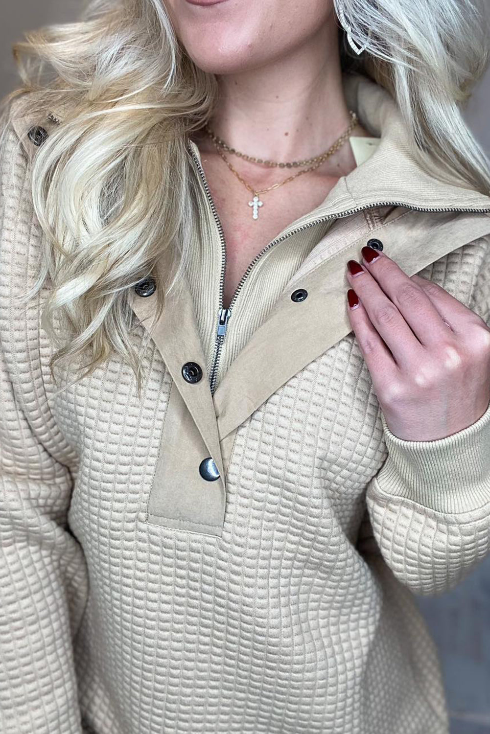 Tan Button Zip Double Collar Patchwork Waffle Textured Hoodie