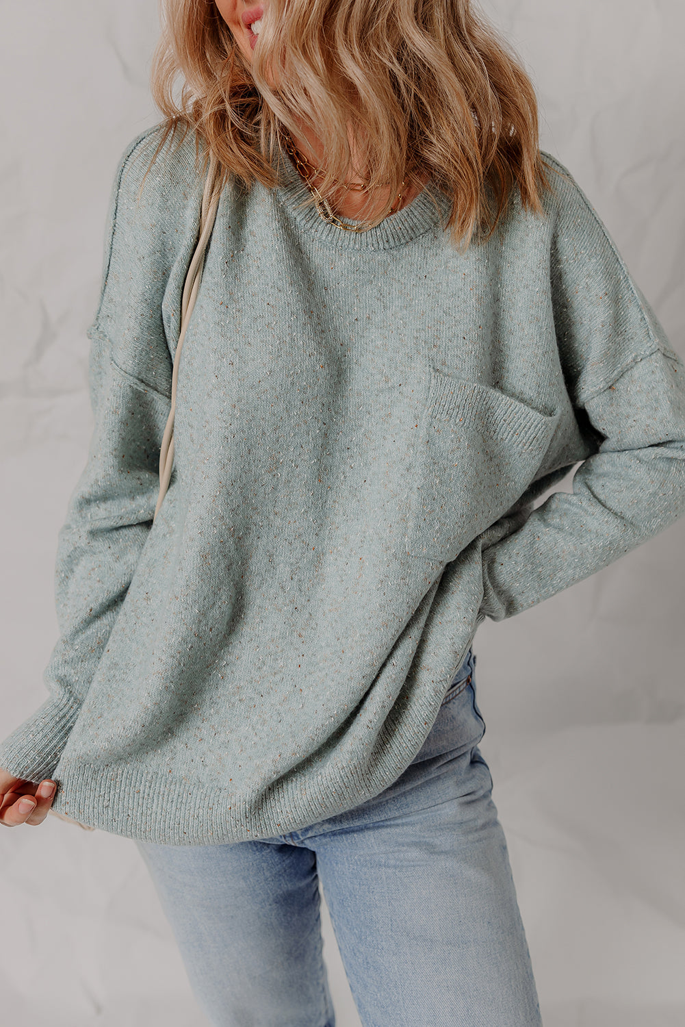 Smoke Green Confetti Knit Ribbed Trim Drop Shoulder Baggy Sweater