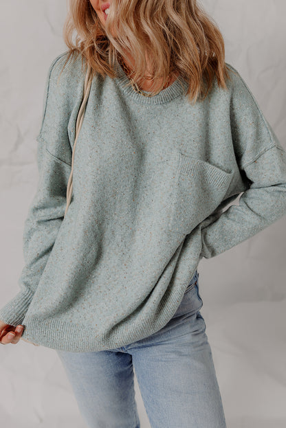 Smoke Green Confetti Knit Ribbed Trim Drop Shoulder Baggy Sweater