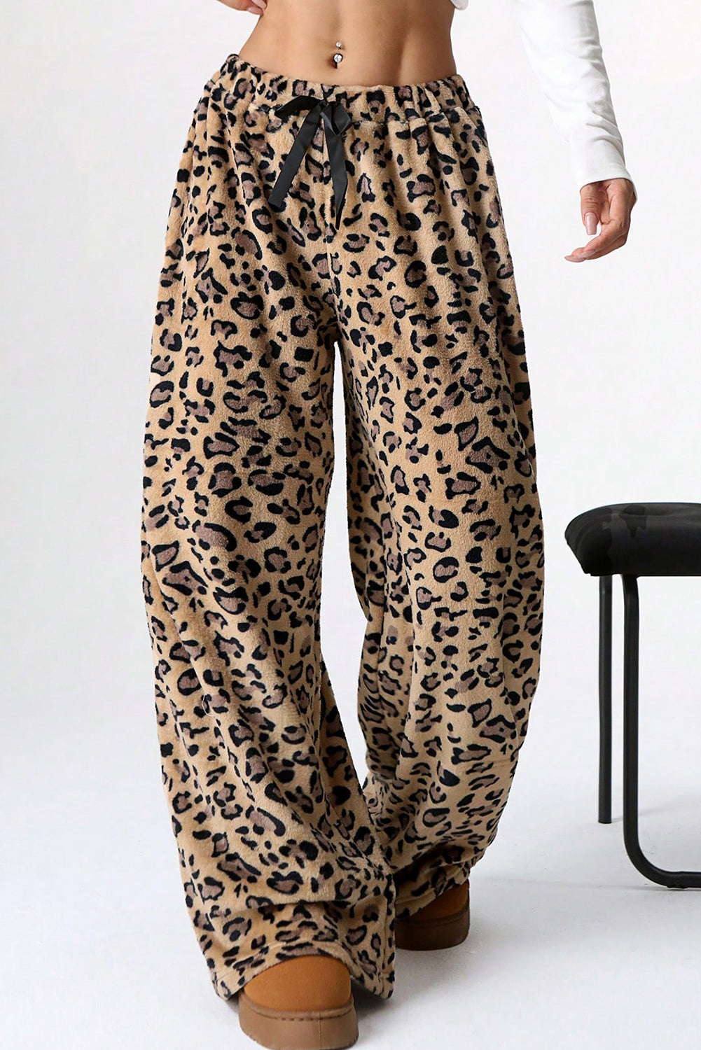 Brown Contrast Ribbon Bow Decor Leopard Print Plush Wide Leg Pants