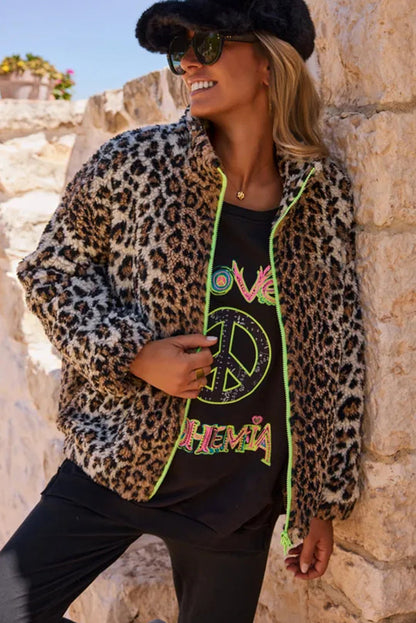 Khaki Oversized Leopard Fleece Jacket