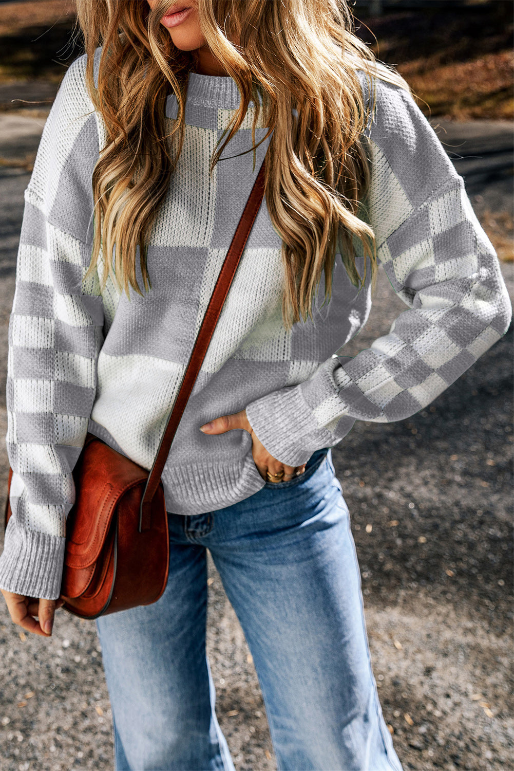 Grey Plaid Drop Shoulder Knit Sweater