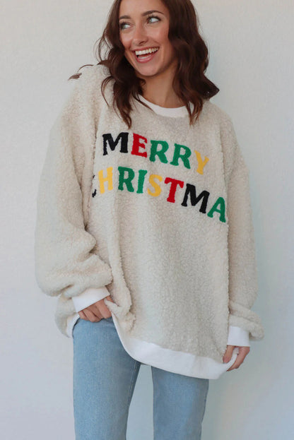 White MERRY CHRISTMAS Multicolor Embroidered Sherpa Pullover Sweatshirt
