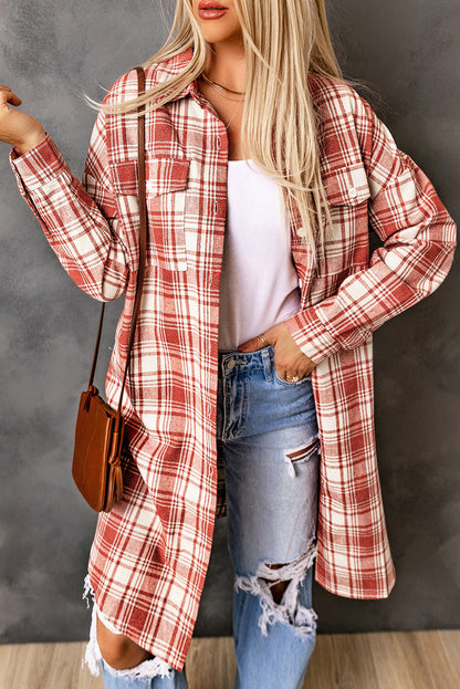 Fiery Red Plaid Print Longline Button-Up Jacket