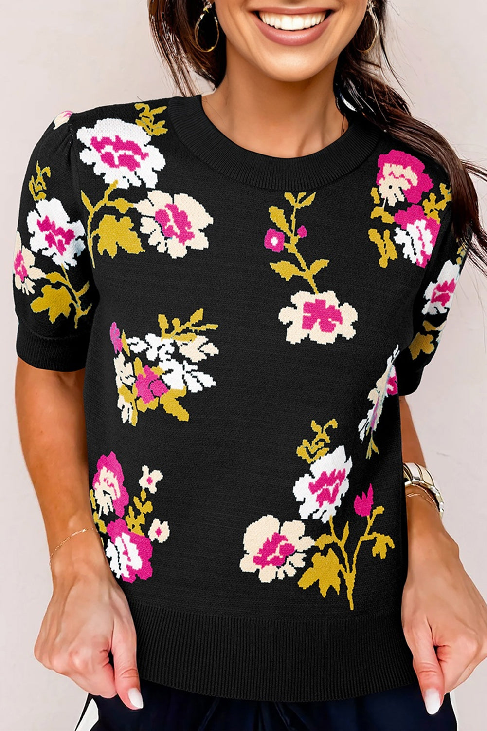 Black Flower Pattern Mock Neck Short Sleeve Knitted T Shirt