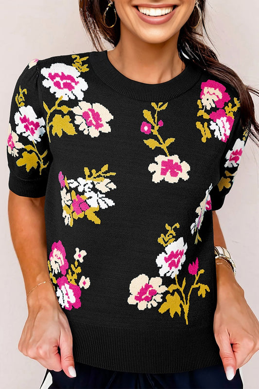 Black Flower Pattern Mock Neck Short Sleeve Knitted T Shirt
