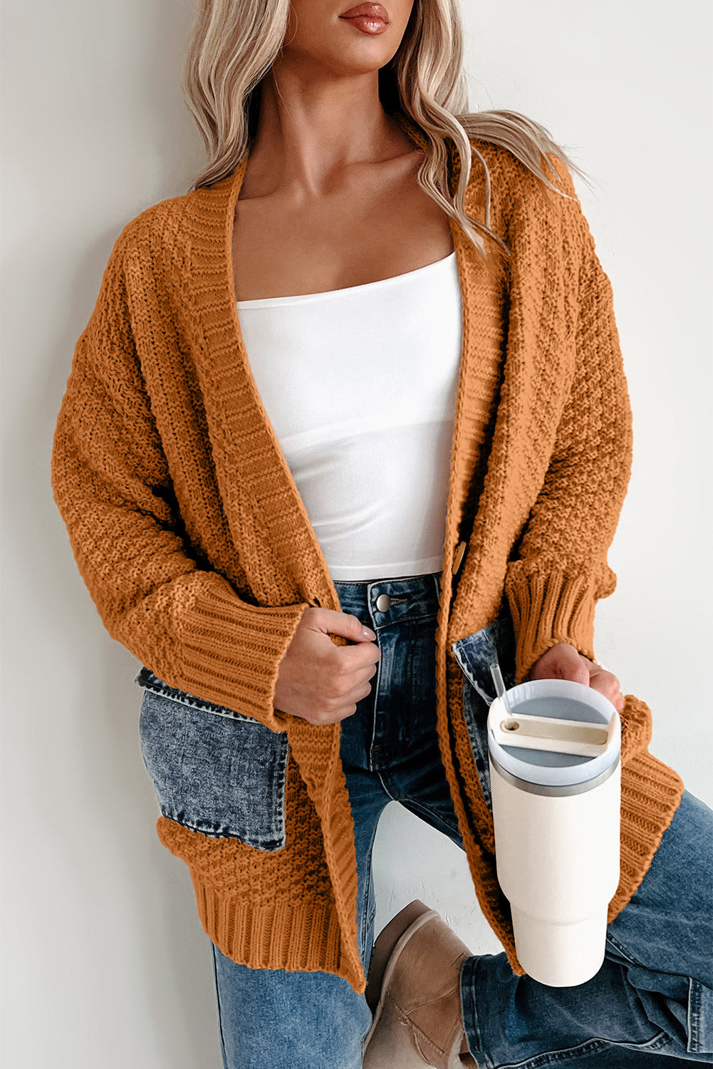Chestnut Open Front Knitted Denim Pocket Patchwork Cardigan