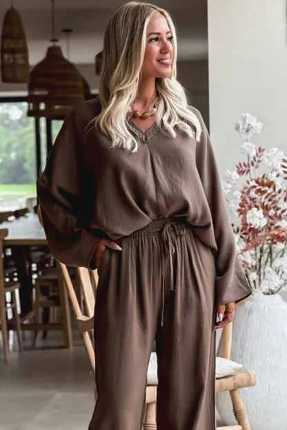 Dark Khaki Braided Trim V Neck Oversize Top Drawstring Pants Loose 2pcs Outfit