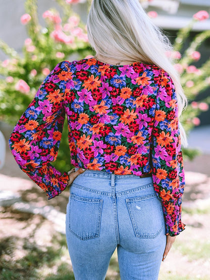 Elegant Floral Wrap V Neck Long Sleeve Body Suit