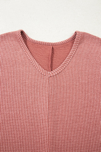 Mineral Red Textured Knit Loose V Neck Tunic Top with Slits
