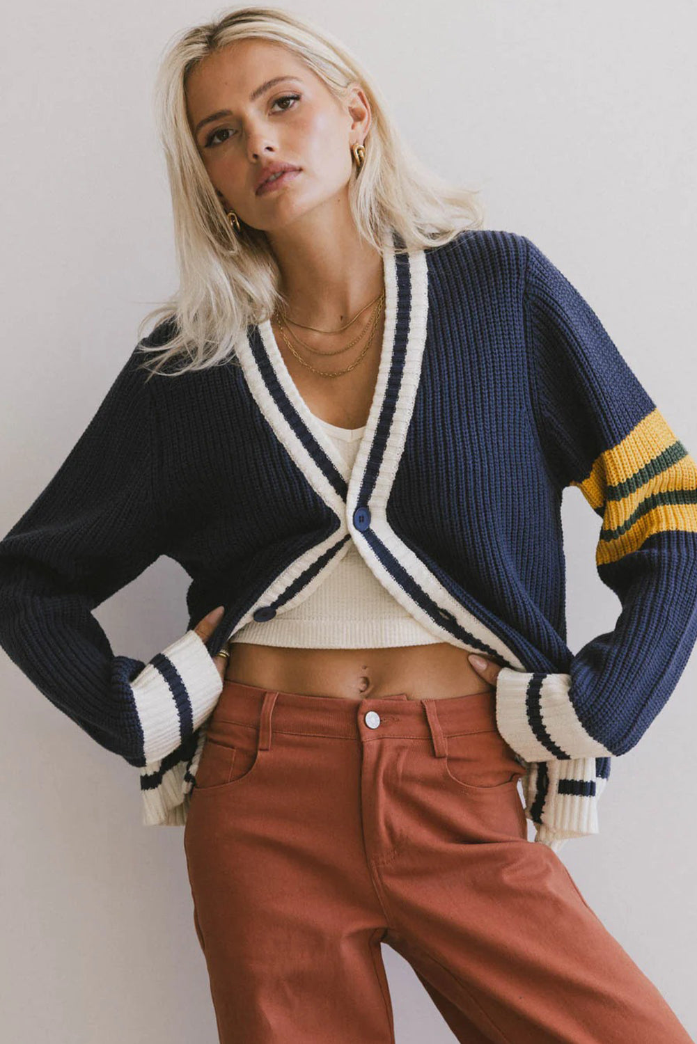 Dirty blue Ribbed Knit Striped Detail Button V Neck Preppy Sweater Cardigan