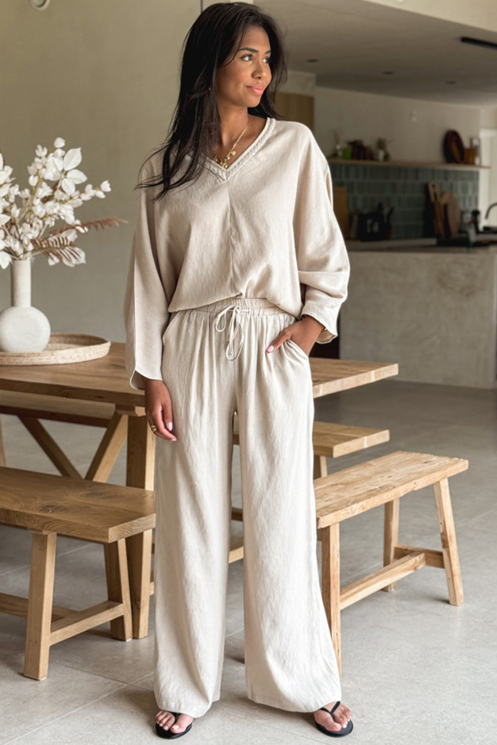 White Braided V Neck Long Sleeve Loose Top and Drawstring High Waist Pants 2pcs Outfit