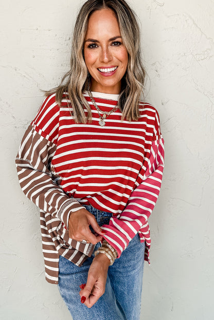 Red Stripe Colorblock Drop Shoulder Loose Long Sleeve Top