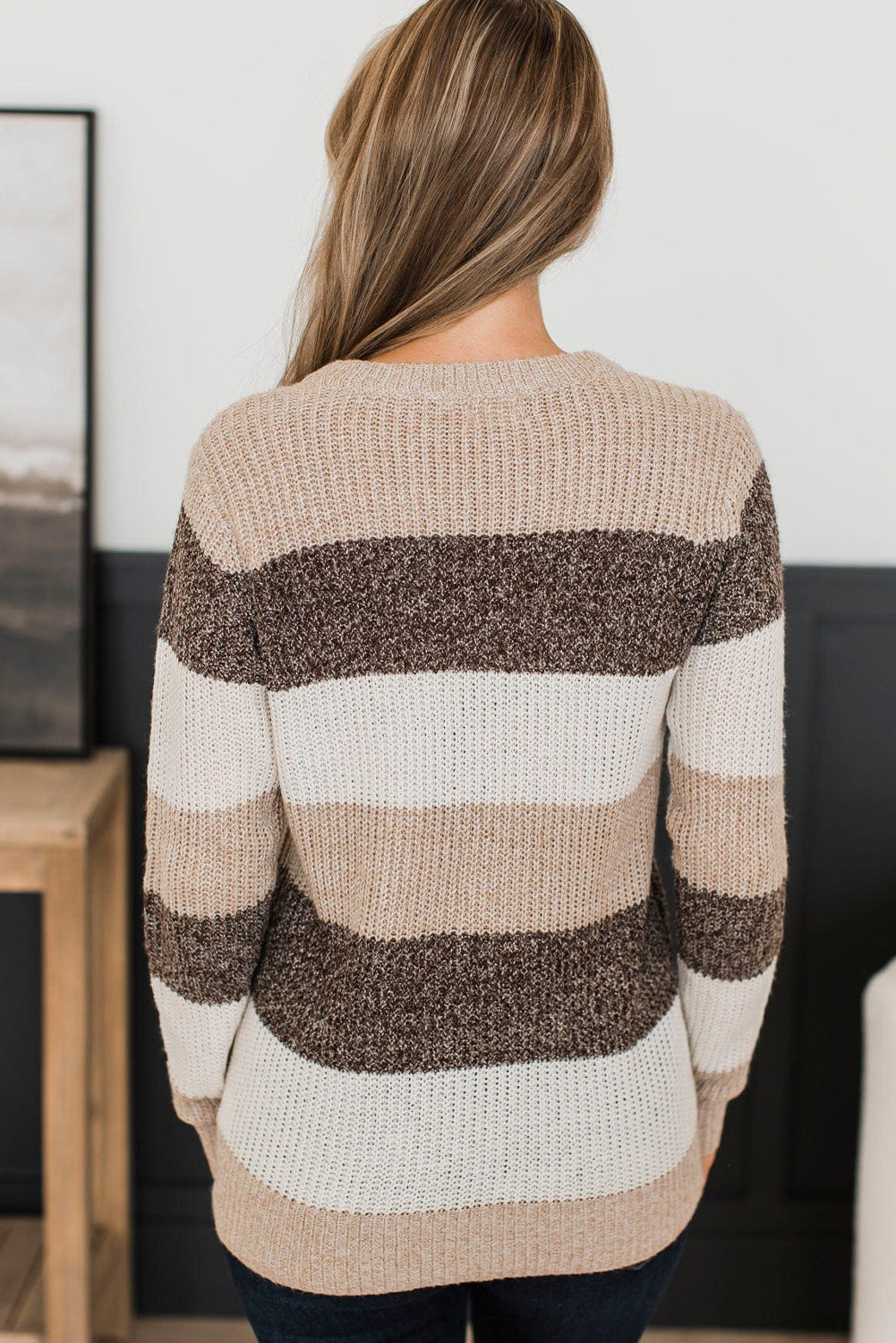 Khaki Stripe Color Block Crew Neck Slim Sweater