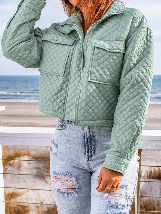 Green Quilted Zip-up Cropped Jacket with Chic Pockets
