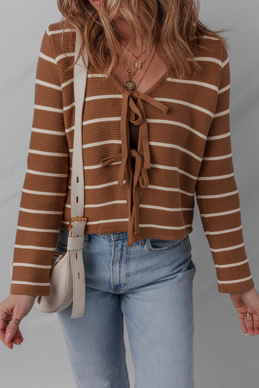 Chestnut Tie Front Striped Knit V Neck Cardigan Sweater