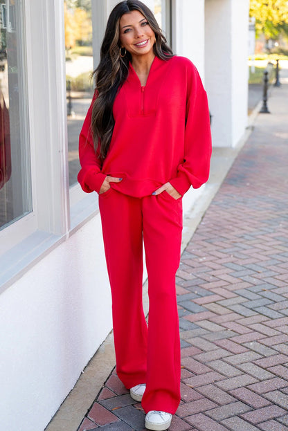 Fiery Red Quarter Zipped Pullover and Drawstring Sweatpants Set