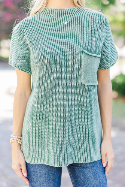 Evergreen Mineral Wash Ribbed Knit Patched Pocket Short Sleeve Loose Sweater